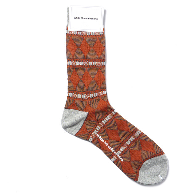 White Mountaineerig-Diamond- Pattern- Jacquard- Middle- Socks- Orange.1